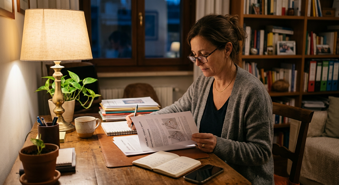 Donna seduta alla scrivania con luce soffusa che legge documenti, rappresentazione della Guida BG5 che studia in attesa dell'invito